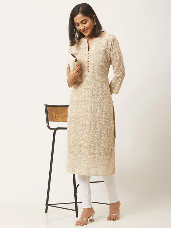 Cream Chikankari Hand-Embroidered Kurti