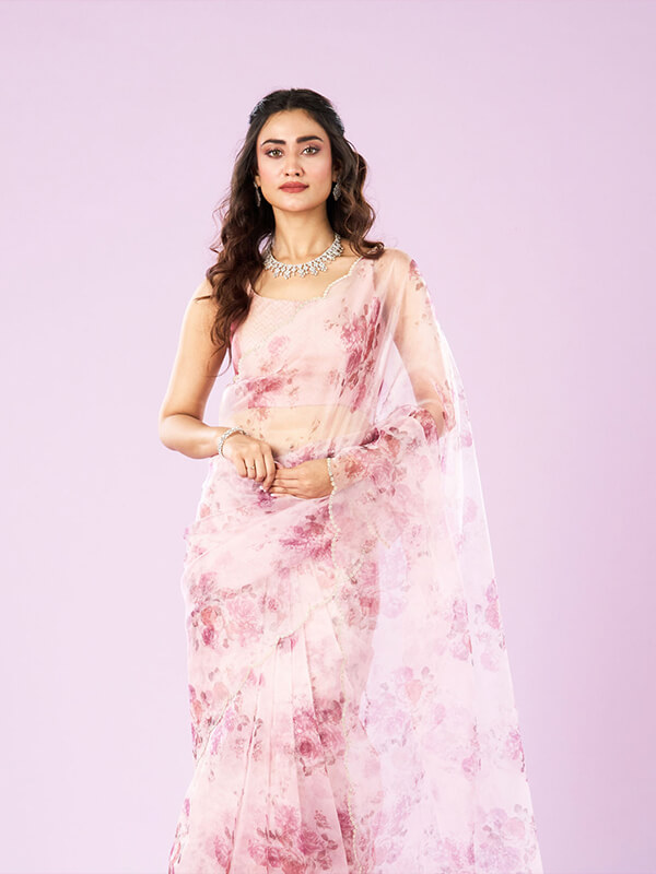 Pink Organza Embroidered Saree